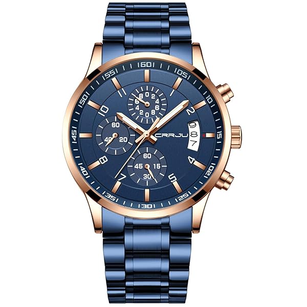 CRRJU CRRJU Men's Fashion Business Quartz Watch Blue Stainless Steel Waterproof Chronograph Auto Date Wrist Watch for Men