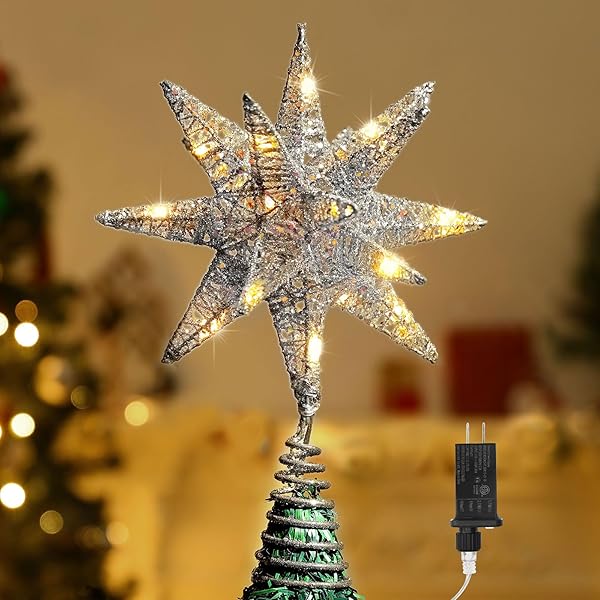 Lewondr Lewondr Christmas Star Tree Topper 3D Geometric LED Light Beads Holiday Decor with Timer Function Silver Treetop for Home Xmas Tradition