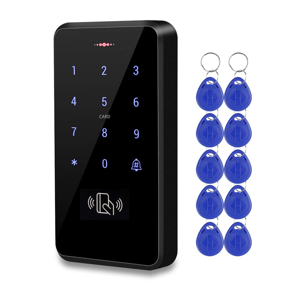 HFeng Outdoor Waterproof RFID Keypad Access Control System with 10 EM4100 Keyfobs for Secure Entry and Rainproof Protection