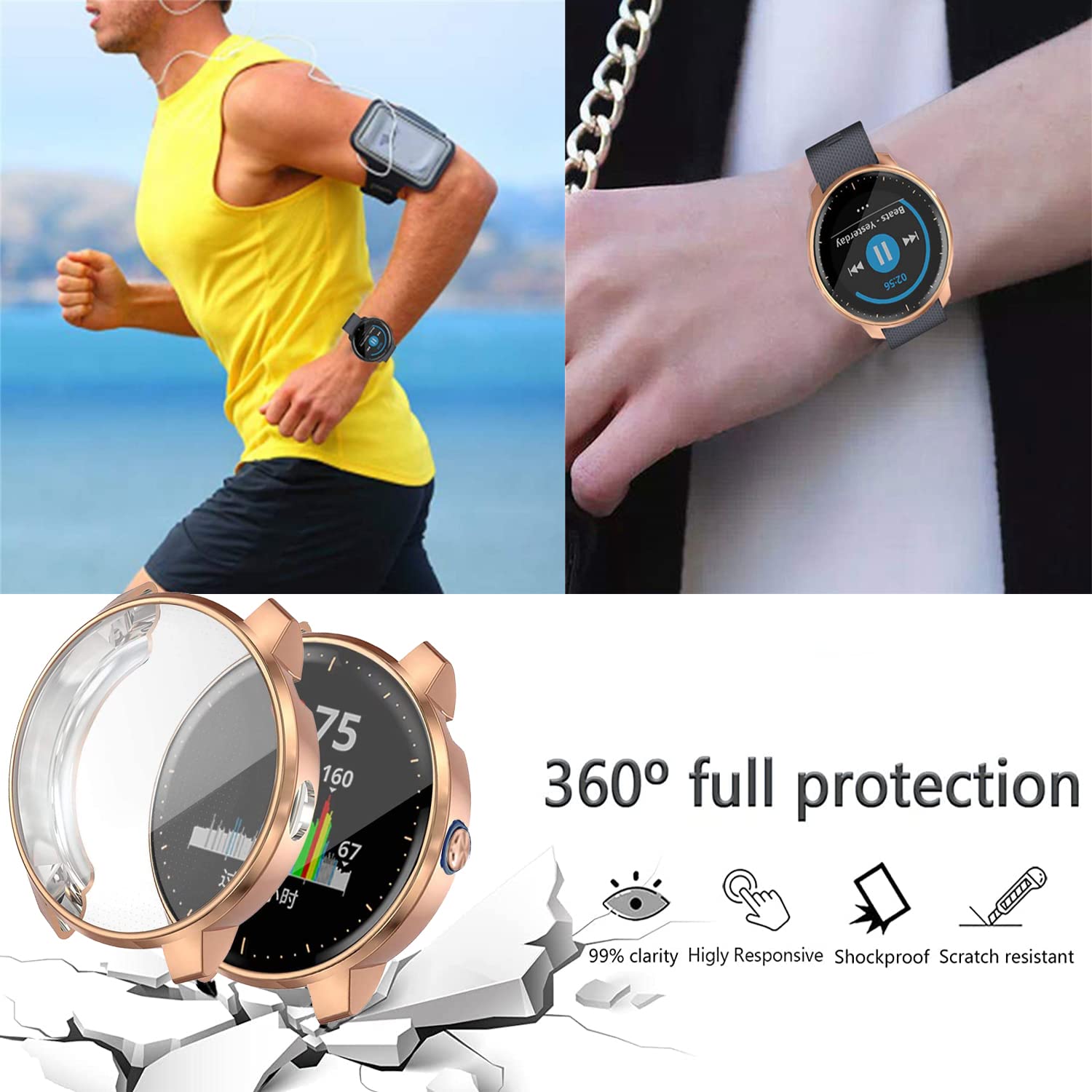 Garmin Vivoactive 3 Music Waterproof Protective Case Soft TPU Screen Protector Cover Scratch-Proof Bumper Shell Rose Gold - View 2 of 8
