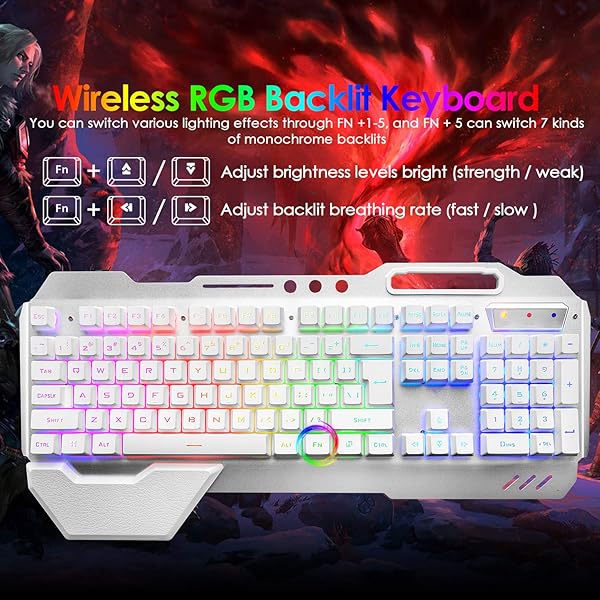 LexonElec Wireless Gaming Keyboard and Mouse RGB Backlit Rechargeable with 5000mAh Battery Metal Panel Removable Hand Rest Mechanical Feel for PC Gamers - View 3 of 7