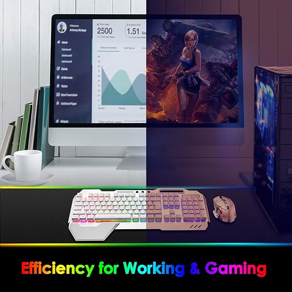 LexonElec Wireless Gaming Keyboard and Mouse RGB Backlit Rechargeable with 5000mAh Battery Metal Panel Removable Hand Rest Mechanical Feel for PC Gamers - View 7 of 7
