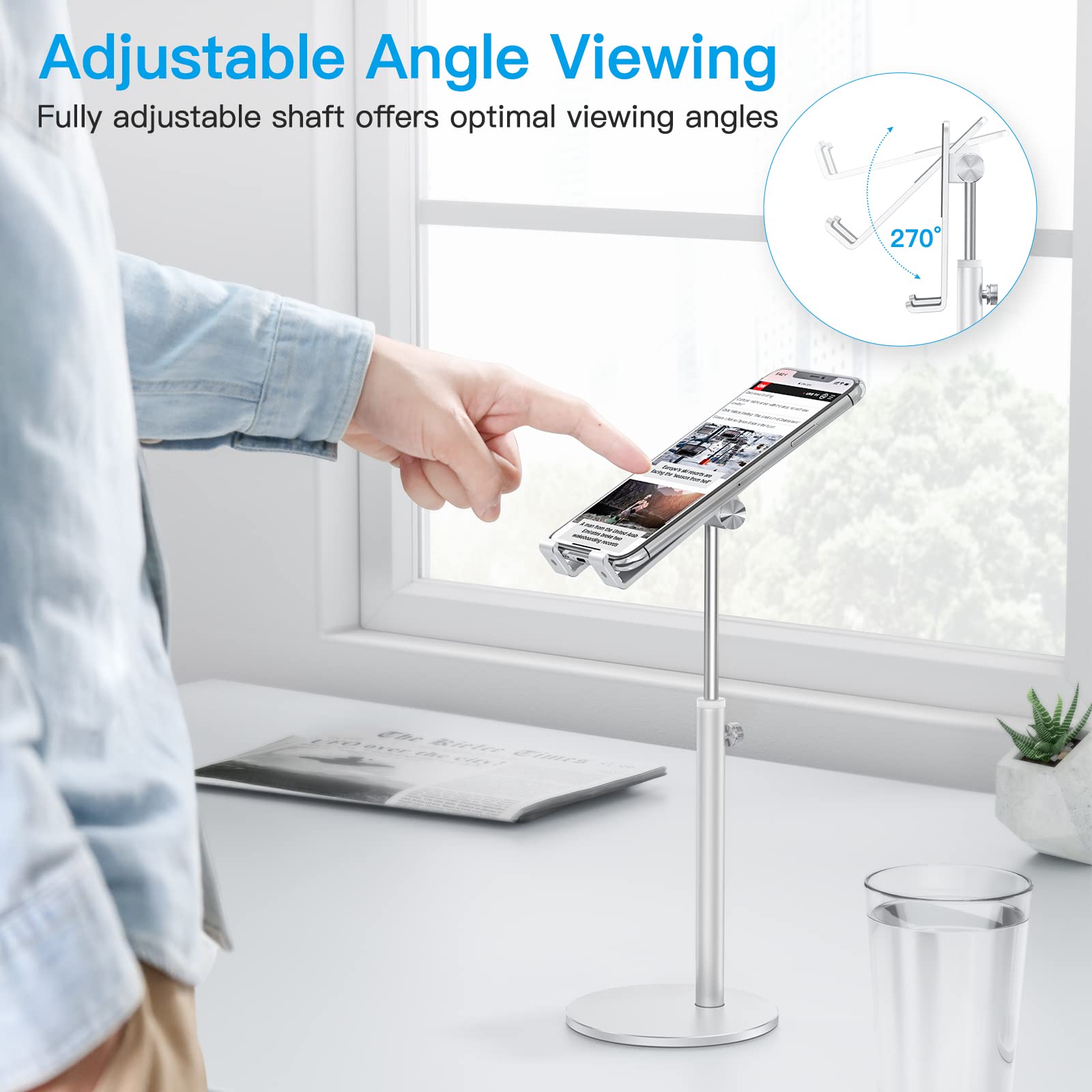 OMOTON OMOTON Adjustable Aluminum Phone Stand for Desk Compatible with iPhone 16 Pro Max Plus and Tablets 4-11 inches Silver - View 2 of 9