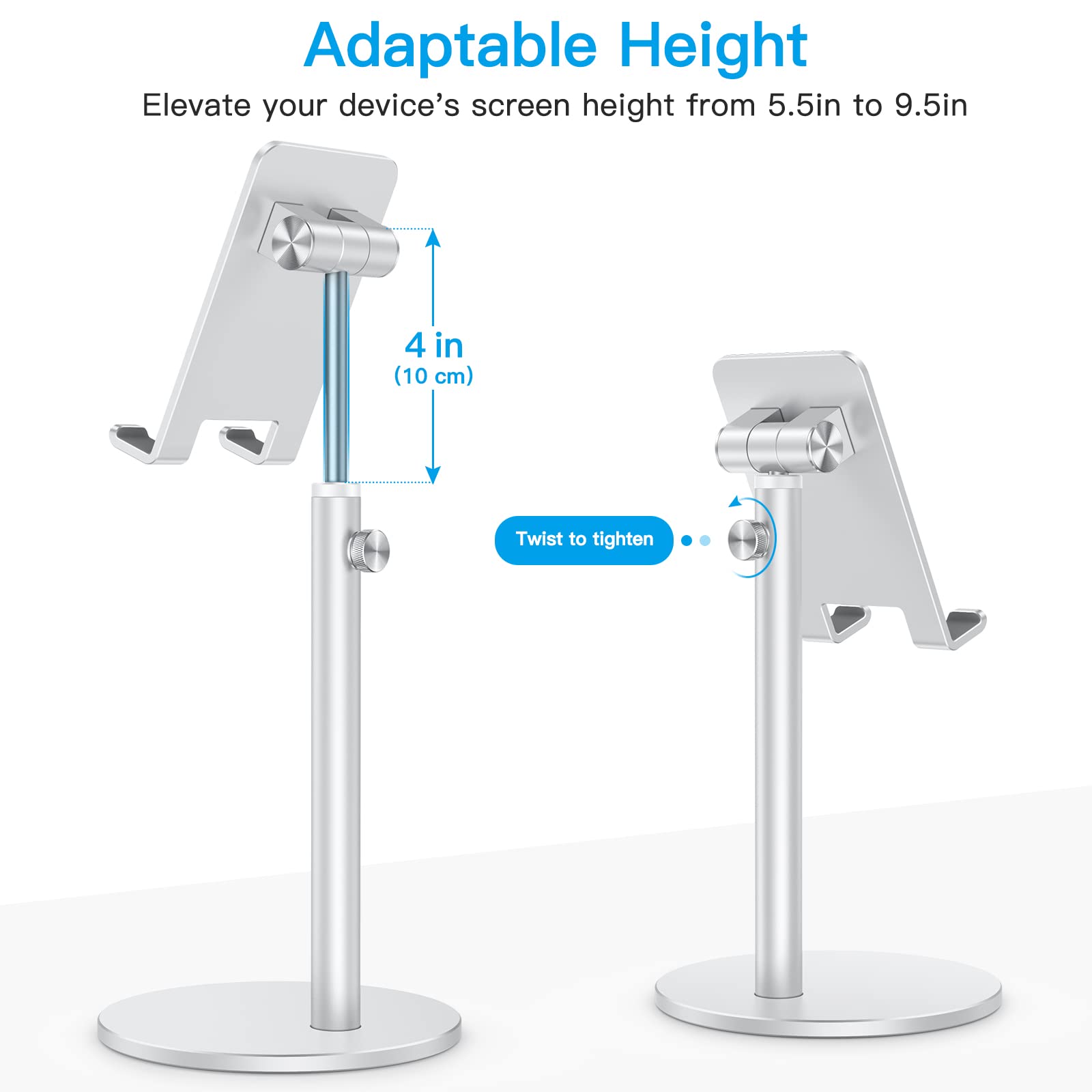 OMOTON OMOTON Adjustable Aluminum Phone Stand for Desk Compatible with iPhone 16 Pro Max Plus and Tablets 4-11 inches Silver - View 3 of 9