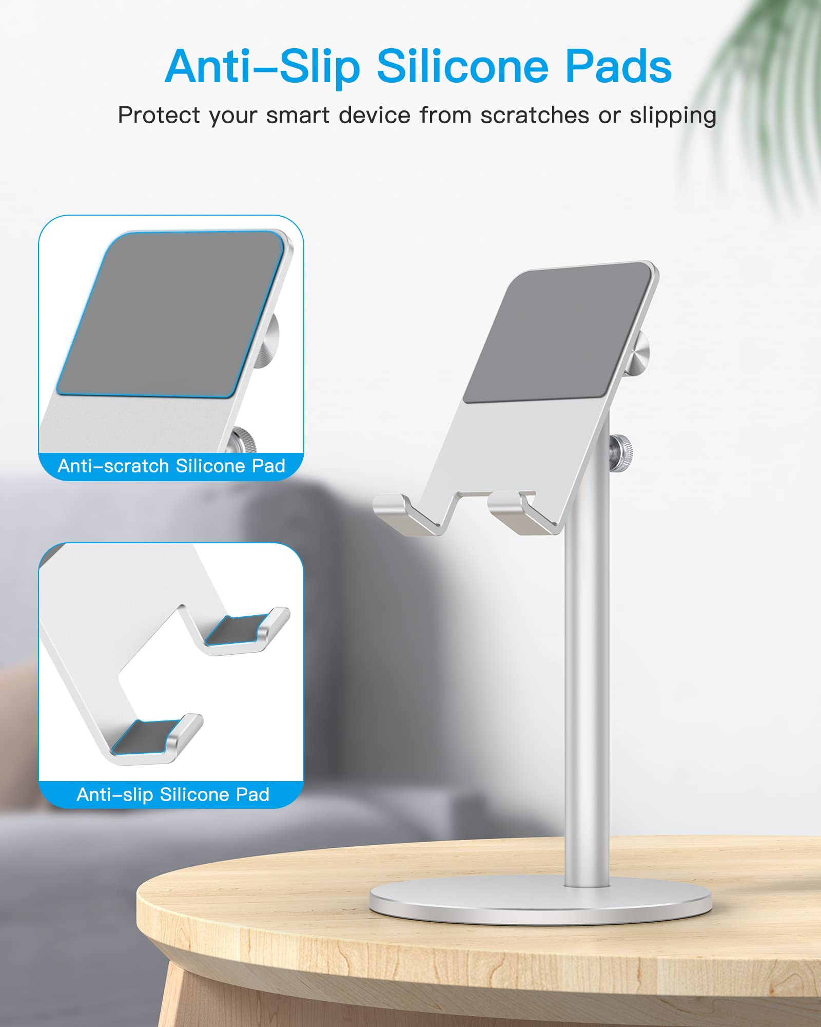 OMOTON OMOTON Adjustable Aluminum Phone Stand for Desk Compatible with iPhone 16 Pro Max Plus and Tablets 4-11 inches Silver - View 7 of 9