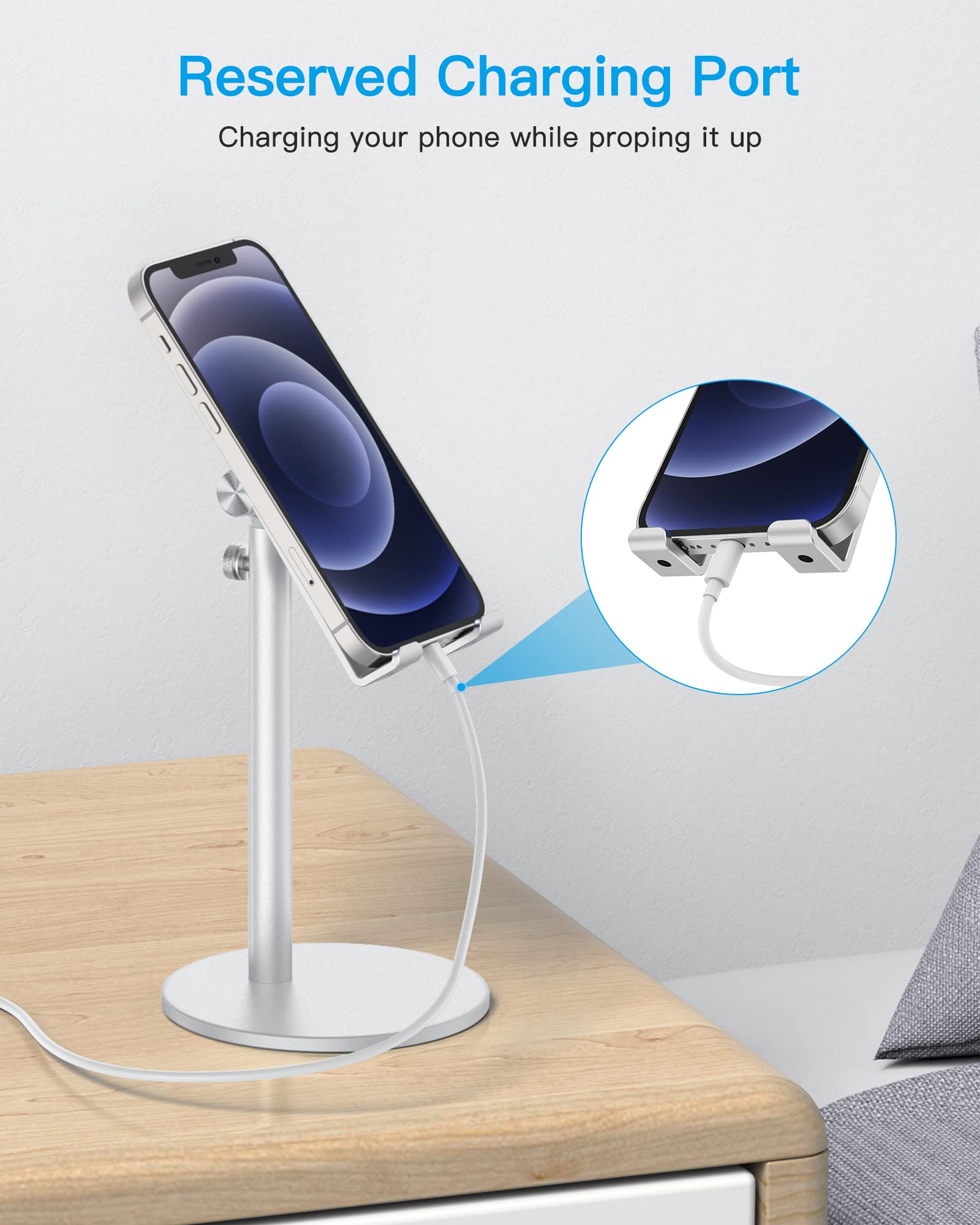 OMOTON OMOTON Adjustable Aluminum Phone Stand for Desk Compatible with iPhone 16 Pro Max Plus and Tablets 4-11 inches Silver - View 8 of 9