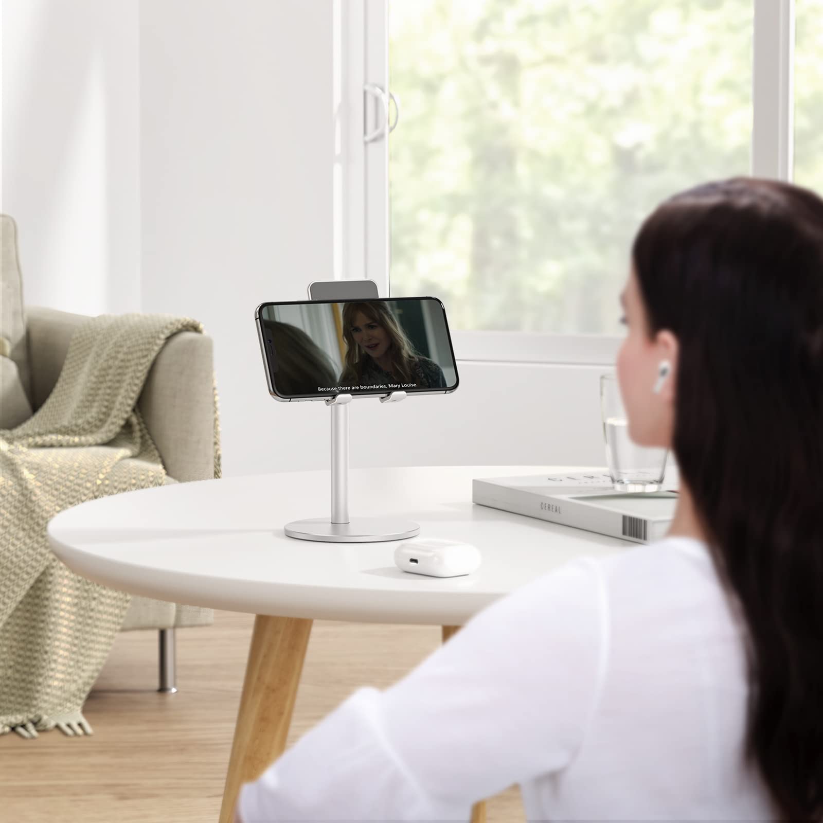 OMOTON OMOTON Adjustable Aluminum Phone Stand for Desk Compatible with iPhone 16 Pro Max Plus and Tablets 4-11 inches Silver - View 9 of 9