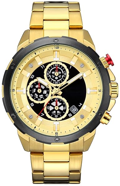 FANMIS Men's Luxury Quartz Watch Casual Analog Calendar Chronograph Waterproof Stainless Steel Gold Wrist Watch