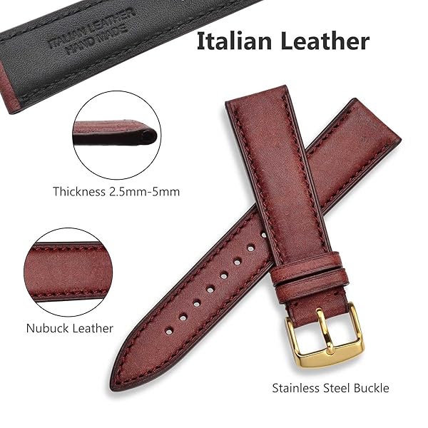 WOCCI WOCCI 18mm Nubuck Leather Watch Band Crimson Red with Golden Stainless Steel Buckle Replacement Strap - View 3 of 9