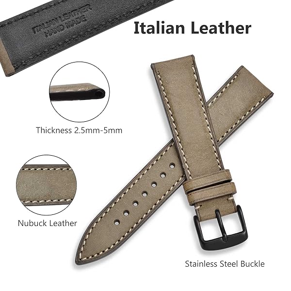 WOCCI WOCCI 18mm Olive Green Nubuck Leather Watch Band with Black Stainless Steel Buckle Replacement Strap - View 3 of 9