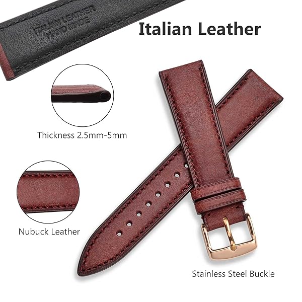 WOCCI WOCCI 18mm Nubuck Leather Watch Band Crimson Red with Rose Gold Stainless Steel Buckle Replacement Strap - View 3 of 9