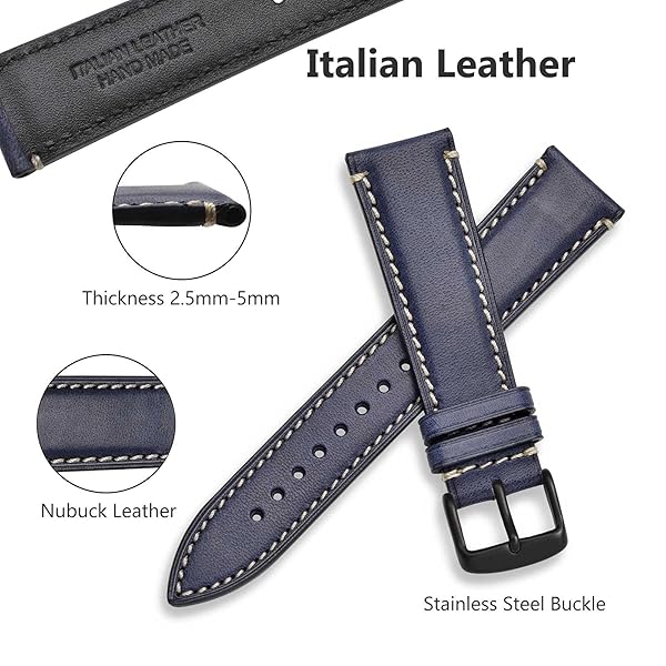 WOCCI WOCCI 20mm Dark Blue Matte Leather Watch Band with Black Stainless Steel Buckle Replacement Strap - View 3 of 9