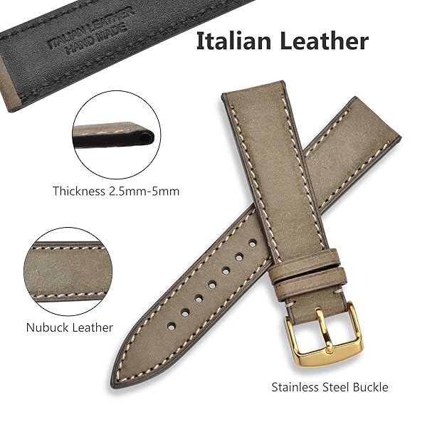 WOCCI WOCCI 18mm Olive Green Nubuck Leather Watch Band with Golden Stainless Steel Buckle Replacement Strap - View 3 of 9