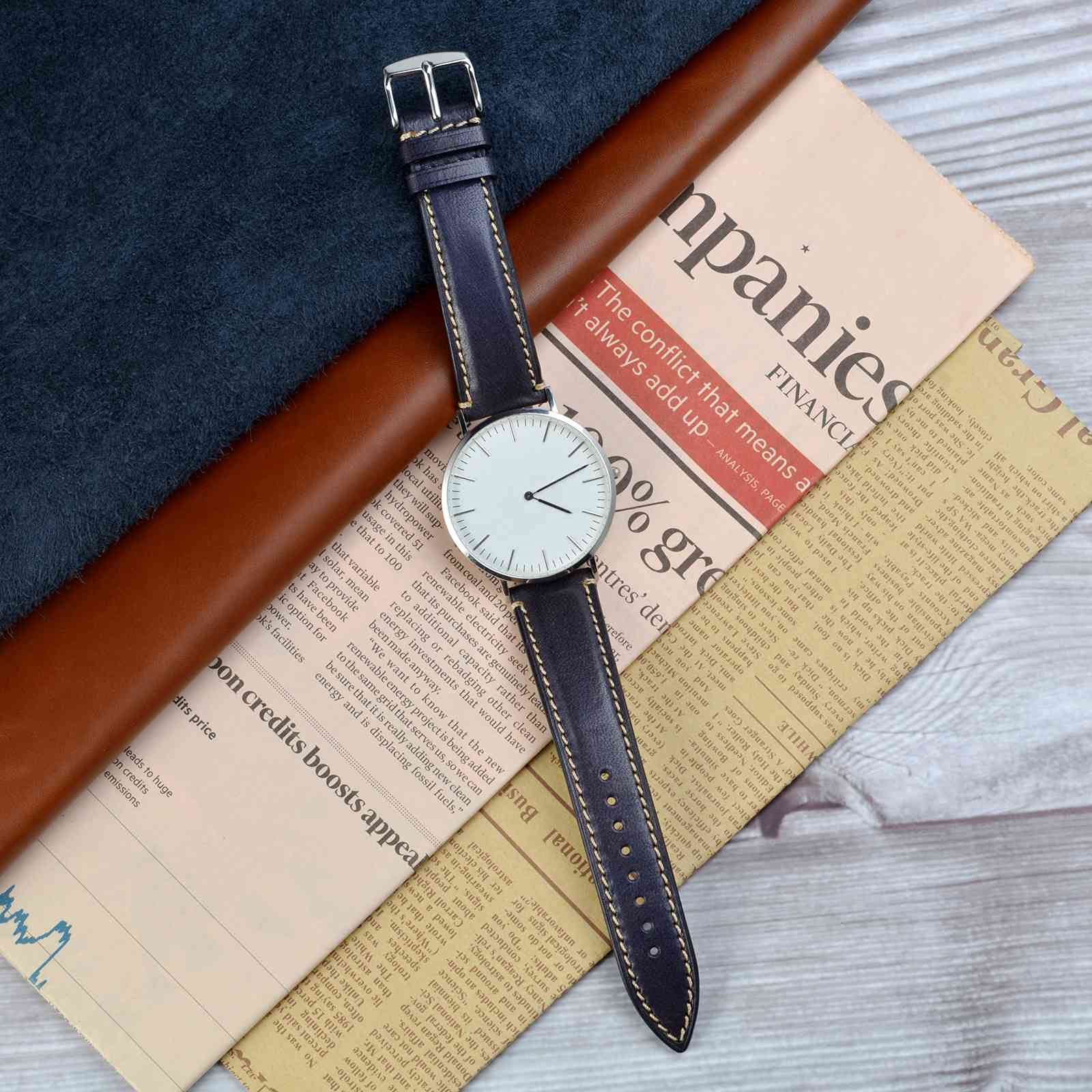 WOCCI WOCCI 14mm Dark Blue Matte Leather Watch Band with Silver Stainless Steel Buckle Replacement Strap - View 5 of 9