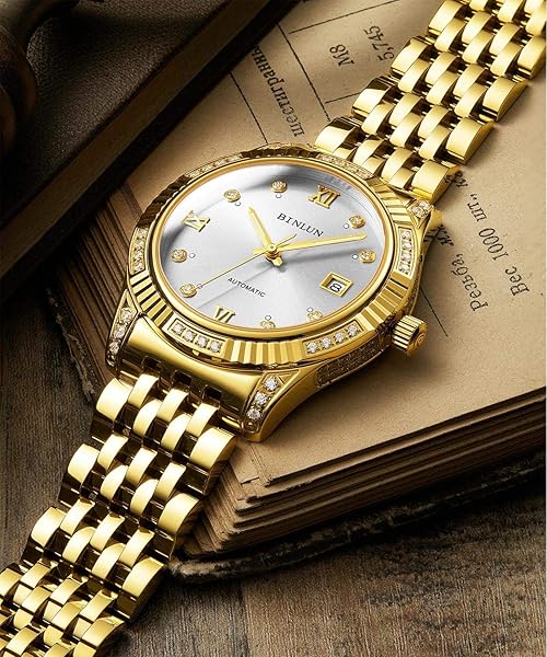 BINLUN BINLUN Men Gold Automatic Wrist Watch Easy Read Dial Diamond Plated Mechanical Watch with Luminous Hands Silver Dial - View 3 of 7