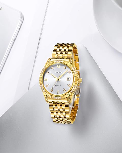 BINLUN BINLUN Men Gold Automatic Wrist Watch Easy Read Dial Diamond Plated Mechanical Watch with Luminous Hands Silver Dial - View 4 of 7