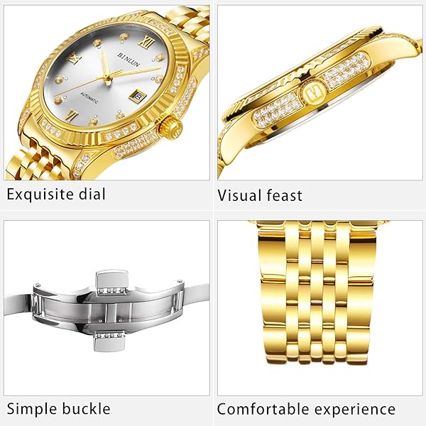 BINLUN BINLUN Men Gold Automatic Wrist Watch Easy Read Dial Diamond Plated Mechanical Watch with Luminous Hands Silver Dial - View 6 of 7
