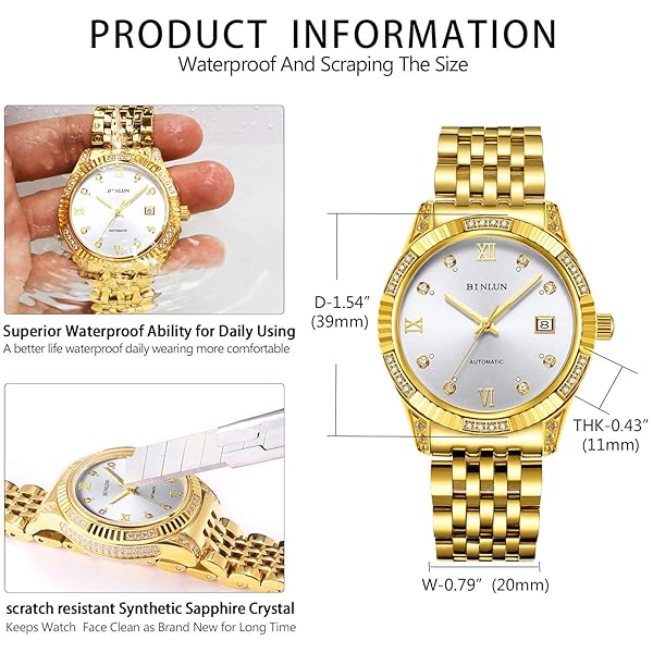 BINLUN BINLUN Men Gold Automatic Wrist Watch Easy Read Dial Diamond Plated Mechanical Watch with Luminous Hands Silver Dial - View 7 of 7
