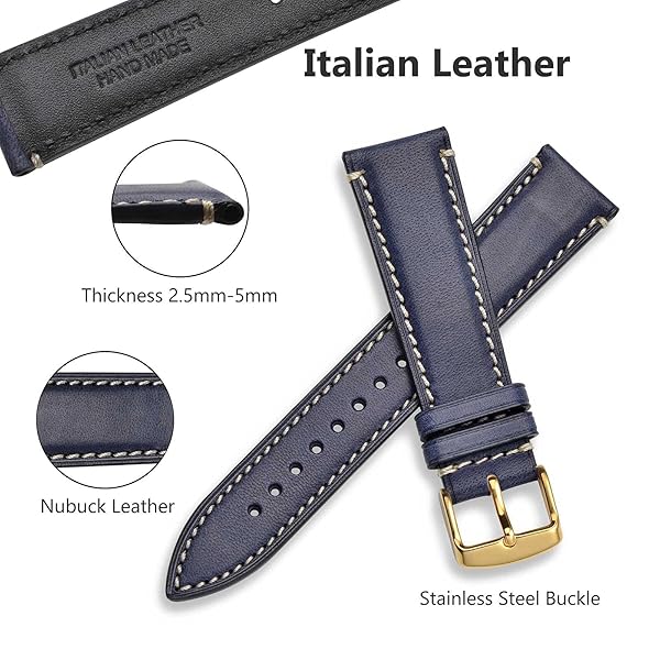 WOCCI WOCCI 20mm Dark Blue Matte Leather Watch Band with Golden Stainless Steel Buckle Replacement Strap - View 3 of 9