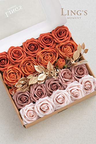 Ling's moment Ling's Moment Artificial Silk Roses Faux Foam Flower Combo for DIY Wedding Bouquets Centerpieces Bridal Shower Home Decor Orange Dusty Rose 21pcs - View 6 of 6