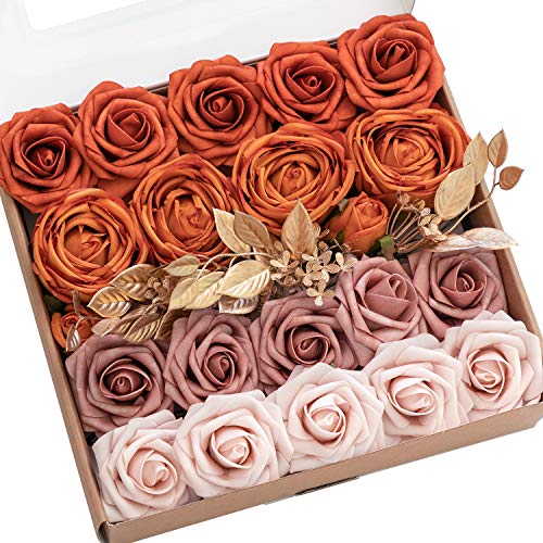 Ling's moment Ling's Moment Artificial Silk Roses Faux Foam Flower Combo for DIY Wedding Bouquets Centerpieces Bridal Shower Home Decor Orange Dusty Rose 21pcs - View 2 of 6