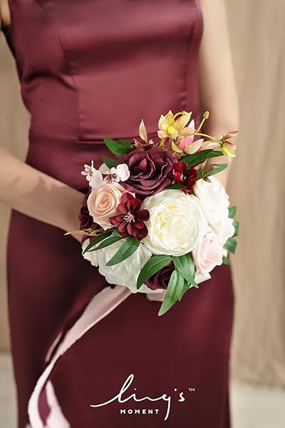 Ling's moment Ling's Moment Red Bridesmaid Bouquet Set of 4 Marsala and Blush Wedding Bouquets for Elegant Wedding Decor and Anniversary Celebrations - View 3 of 5