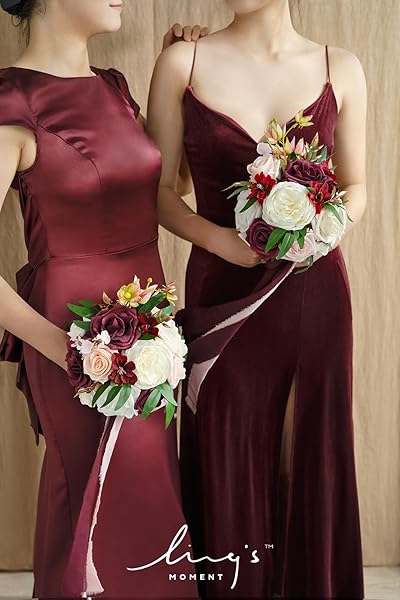 Ling's moment Ling's Moment Red Bridesmaid Bouquet Set of 4 Marsala and Blush Wedding Bouquets for Elegant Wedding Decor and Anniversary Celebrations - View 4 of 5