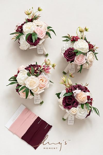 Ling's moment Ling's Moment Red Bridesmaid Bouquet Set of 4 Marsala and Blush Wedding Bouquets for Elegant Wedding Decor and Anniversary Celebrations - View 5 of 5