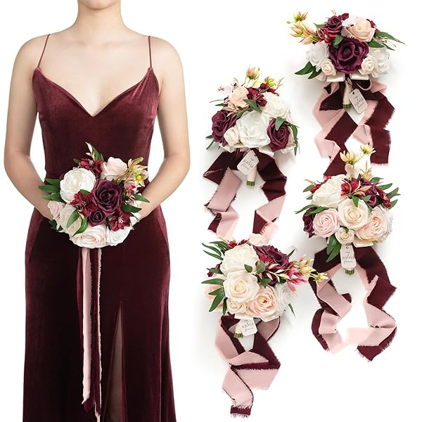 Ling's moment Ling's Moment Red Bridesmaid Bouquet Set of 4 Marsala and Blush Wedding Bouquets for Elegant Wedding Decor and Anniversary Celebrations