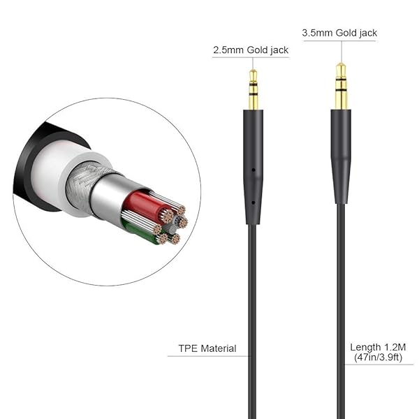 Tobysome QC35 Cable 3.5 to 2.5 Extension Cord Replacement for Bose QuietComfort 45 35 II Wireless Headphones SoundLink II On-Ear 2 OE2 OE2i - View 4 of 9