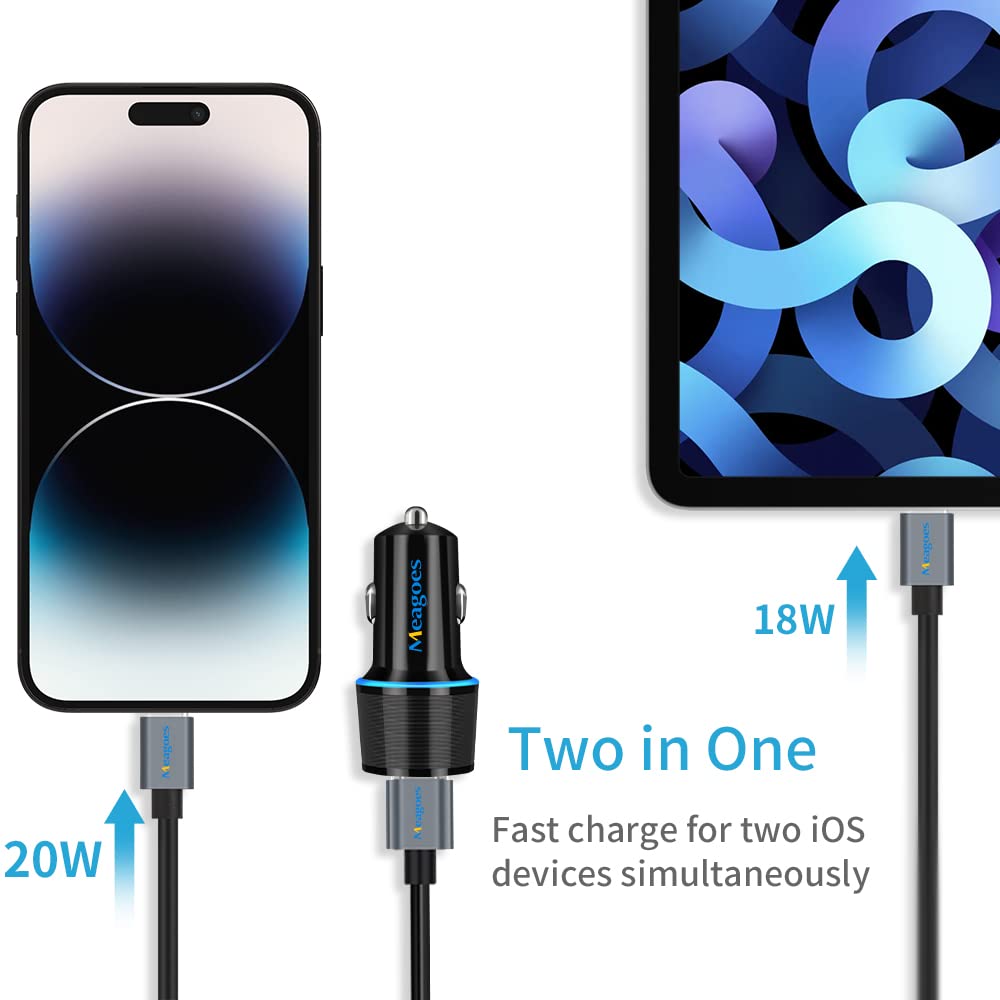 Meagoes 20W Fast USB C Car Charger with MFi Certified Type C to Lightning Cable for iPhone 14 13 12 11 XS XR X 8 Plus SE - View 5 of 7
