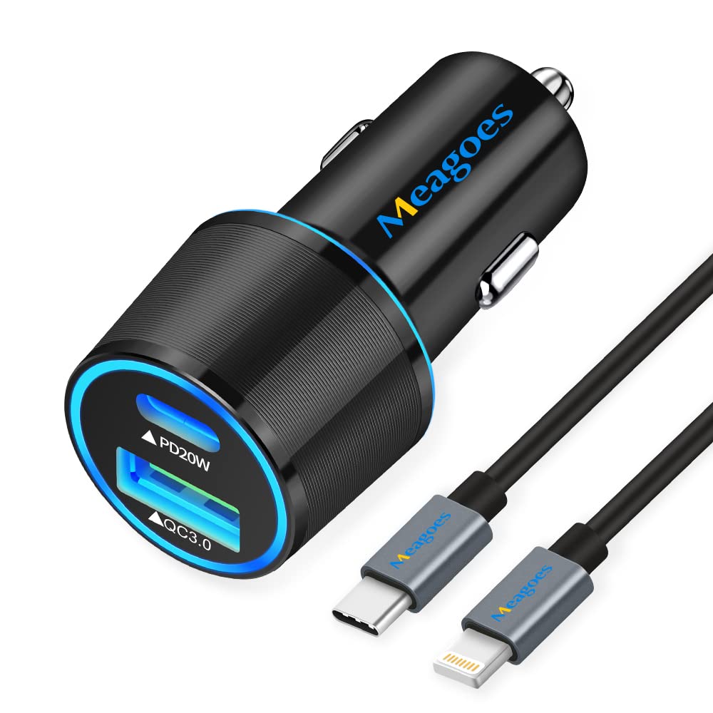 Meagoes 20W Fast USB C Car Charger with MFi Certified Type C to Lightning Cable for iPhone 14 13 12 11 XS XR X 8 Plus SE