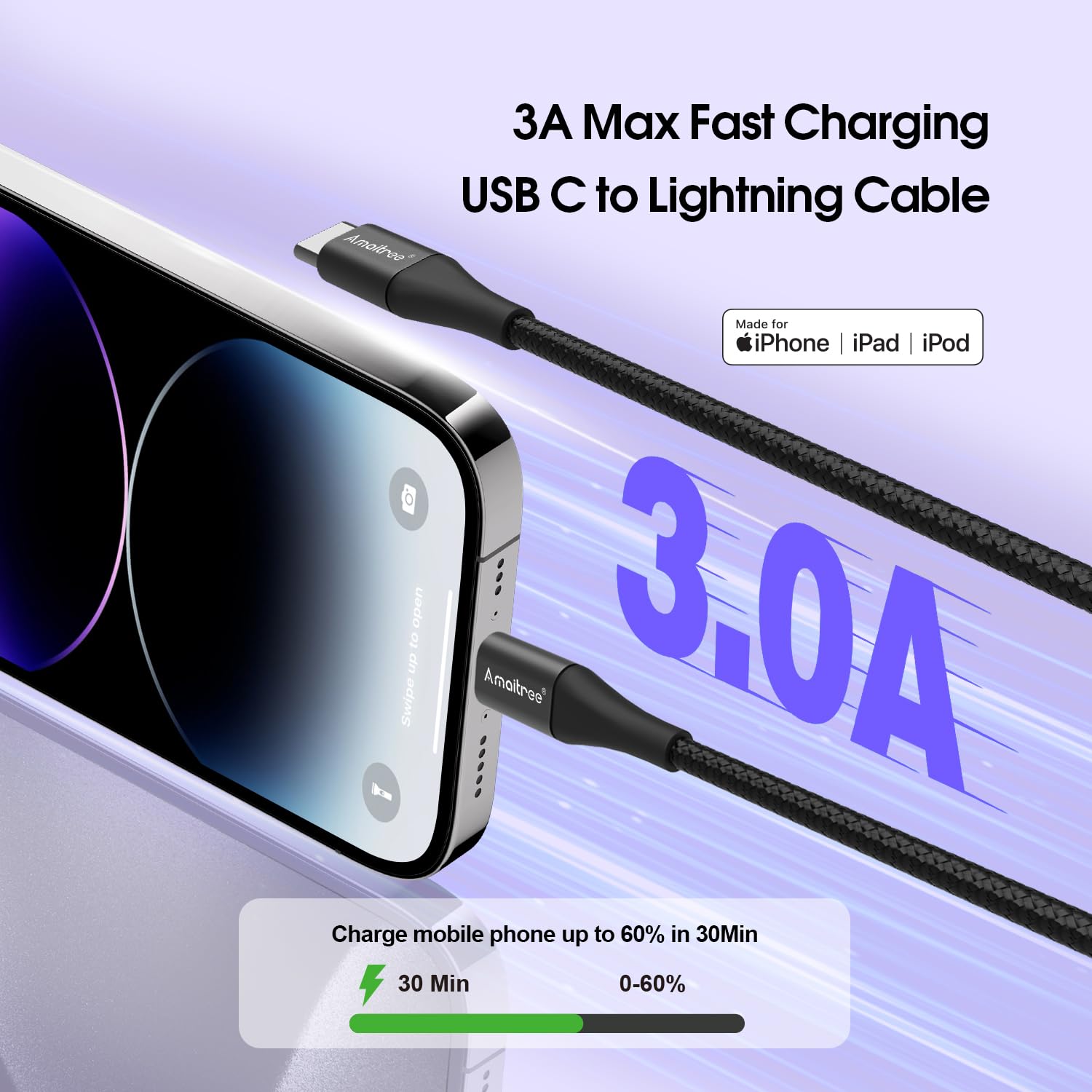Amaitree Amaitree 4Ft USB C to Lightning Cable Apple MFi Certified Fast Charging Braided Charger for iPhone 14 13 12 11 XS XR 8 Series Black - View 2 of 9
