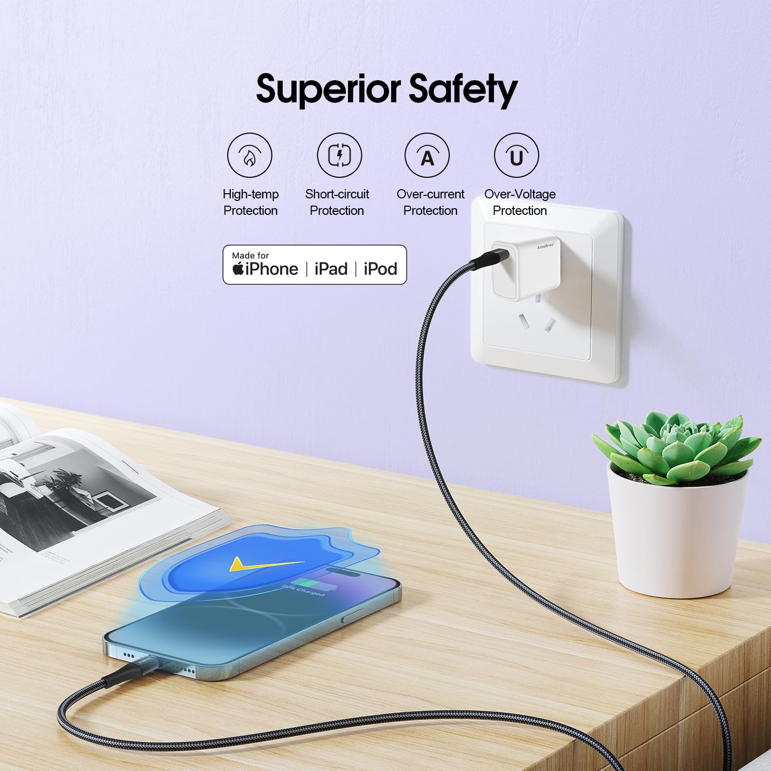 Amaitree Amaitree 4Ft USB C to Lightning Cable Apple MFi Certified Fast Charging Braided Charger for iPhone 14 13 12 11 XS XR 8 Series Black - View 3 of 9