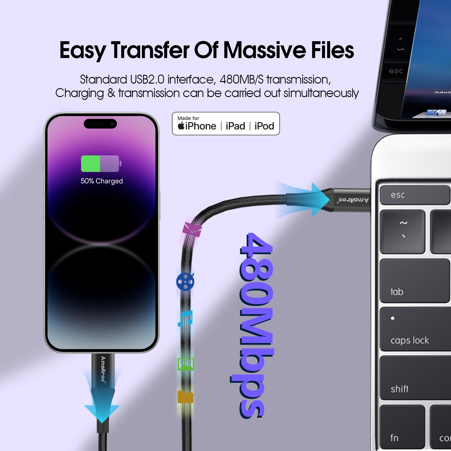 Amaitree Amaitree 4Ft USB C to Lightning Cable Apple MFi Certified Fast Charging Braided Charger for iPhone 14 13 12 11 XS XR 8 Series Black - View 9 of 9