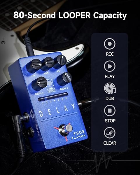 FLAMMA FLAMMA FS03 Guitar Delay Pedal: Stereo Digital Delay with Looper, 6 Effects, True Bypass & Tap Tempo - View 6 of 8