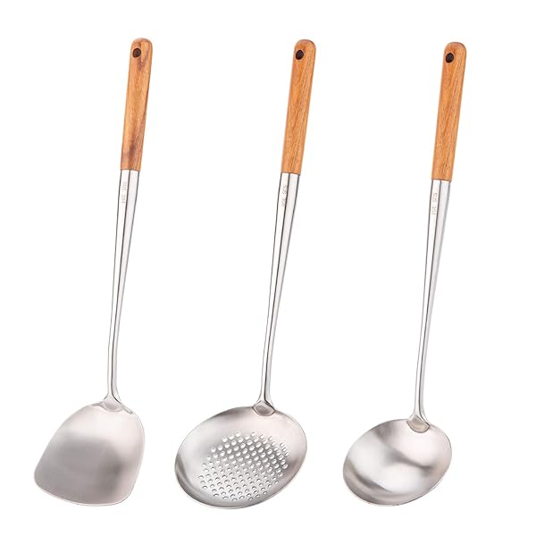 FJNATINH "FJNATINH Wok Spatula & Ladle Set - 17" Stainless Steel Skimmer Utensils for Perfect Cooking"