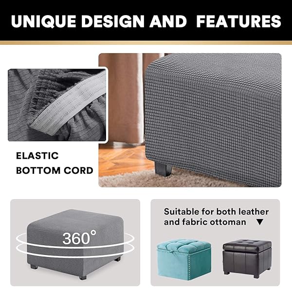PrinceDeco Stretch Ottoman Cover Square Slipcovers for Living Room Foot Stool Thick Checked Jacquard Fabric Elastic Bottom Medium Size Grey - View 4 of 8
