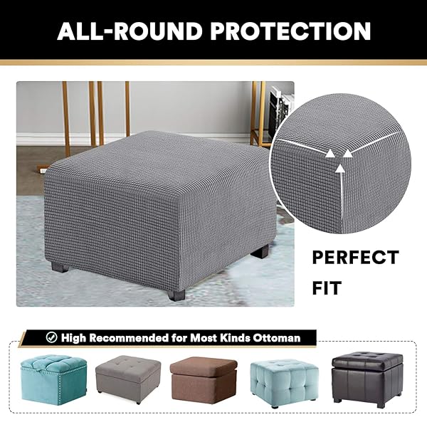 PrinceDeco Stretch Ottoman Cover Square Slipcovers for Living Room Foot Stool Thick Checked Jacquard Fabric Elastic Bottom Medium Size Grey - View 5 of 8