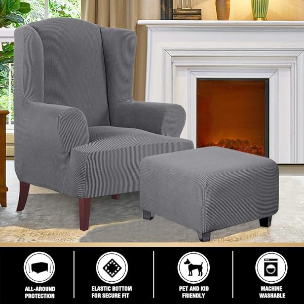 PrinceDeco Stretch Ottoman Cover Square Slipcovers for Living Room Foot Stool Thick Checked Jacquard Fabric Elastic Bottom Medium Size Grey - View 6 of 8