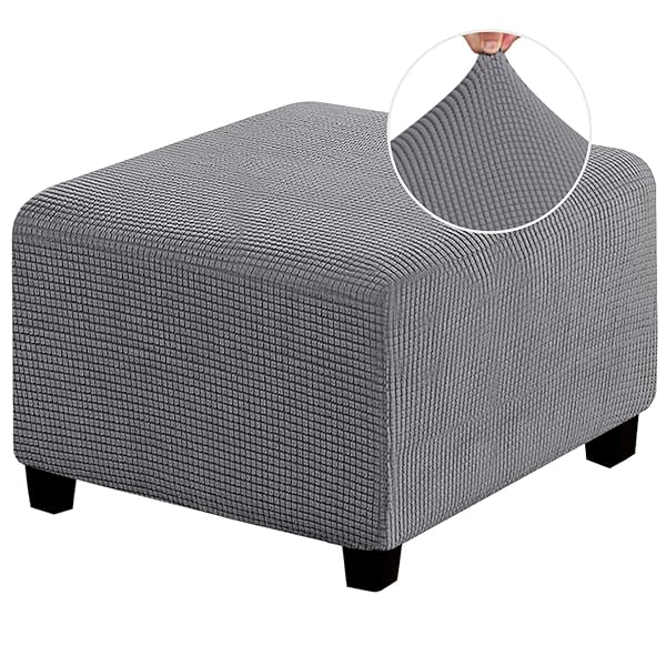 PrinceDeco Stretch Ottoman Cover Square Slipcovers for Living Room Foot Stool Thick Checked Jacquard Fabric Elastic Bottom Medium Size Grey