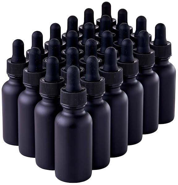Focus Nutrition 24 Pack Black Coated Boston Round Essential Oil Bottles with Dropper Caps - 1oz Aromatherapy Glass Jars