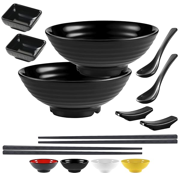 Practimondo Unbreakable Ramen Bowl Set: 2 Large Melamine Bowls, Chopsticks & Spoon for Pho, Udon & More - Red-Black