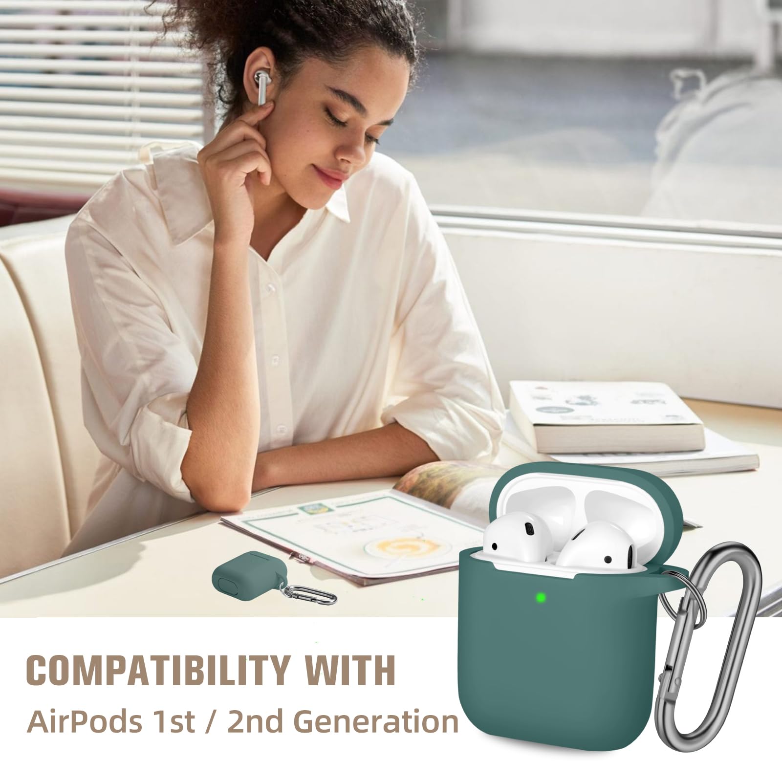 Hamile Soft Silicone Protective Case for AirPods 1 and 2 Front LED Visible Pine Green with Keychain for Men and Women - View 2 of 9