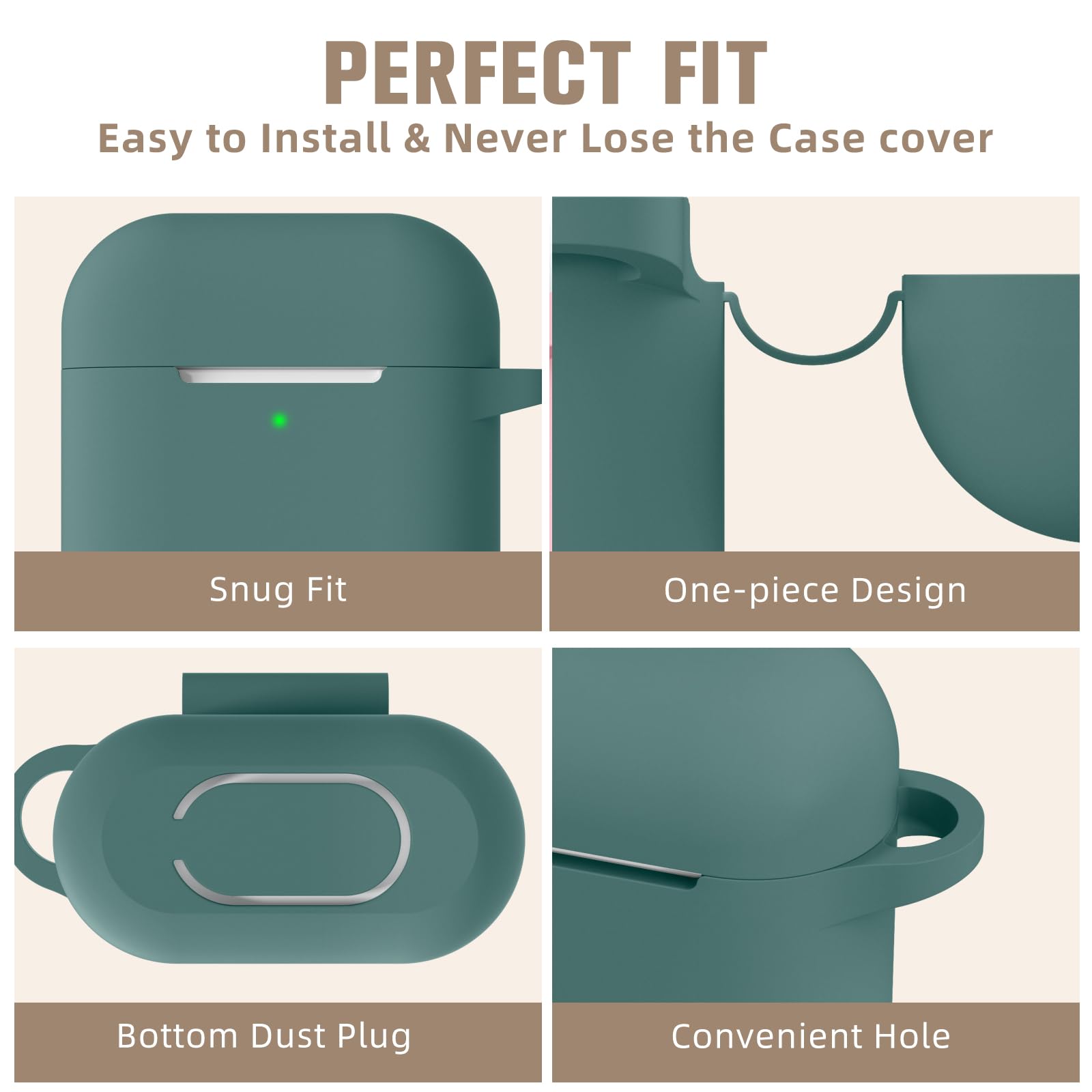 Hamile Soft Silicone Protective Case for AirPods 1 and 2 Front LED Visible Pine Green with Keychain for Men and Women - View 3 of 9