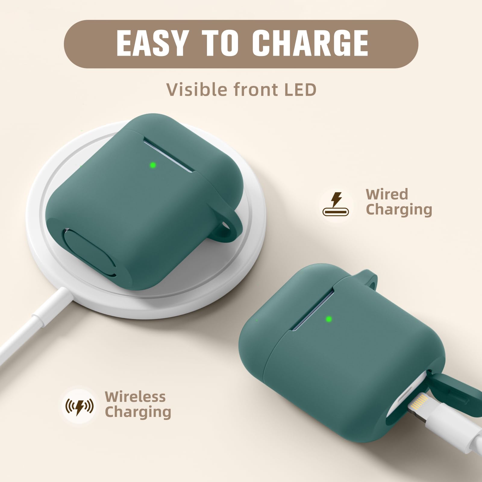 Hamile Soft Silicone Protective Case for AirPods 1 and 2 Front LED Visible Pine Green with Keychain for Men and Women - View 4 of 9