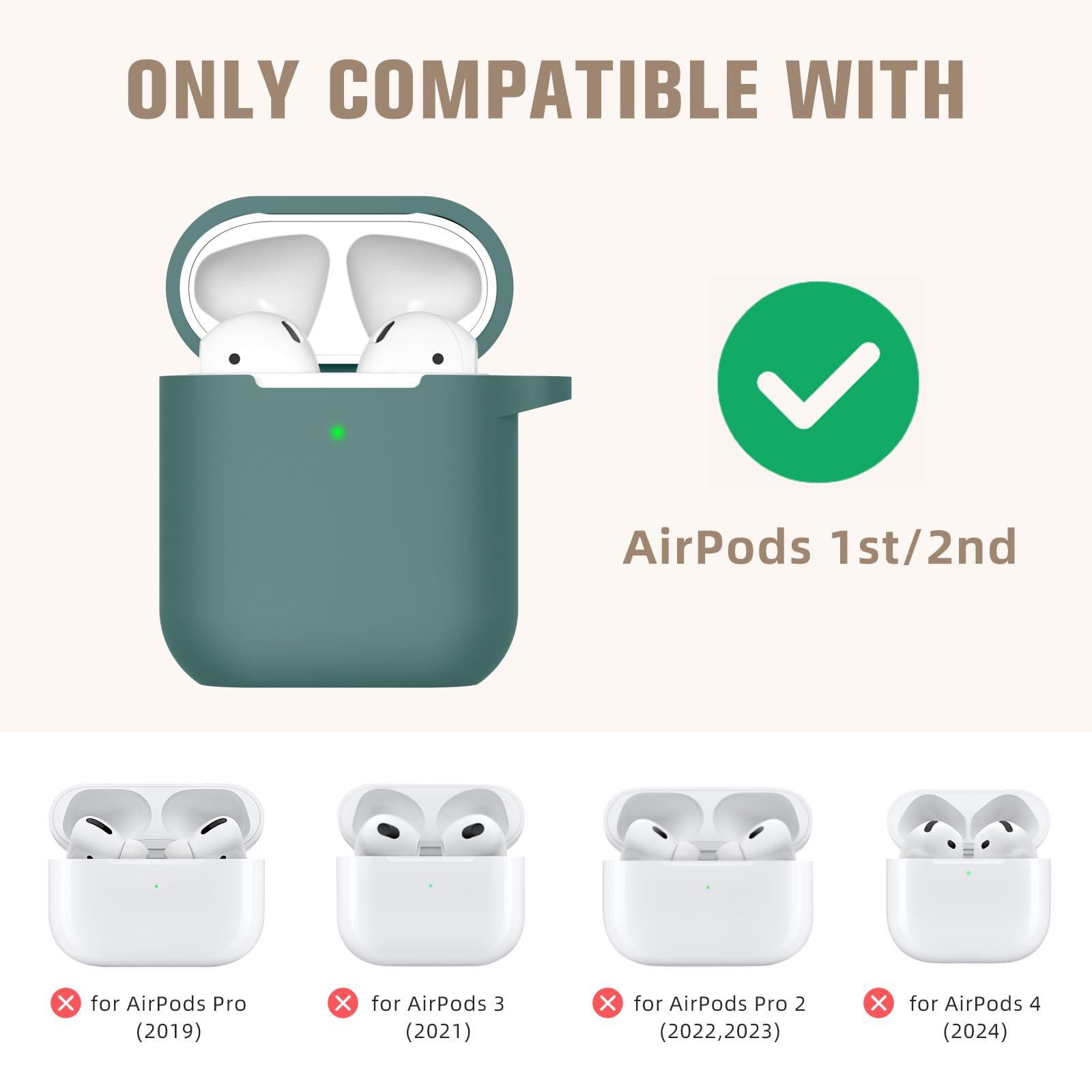 Hamile Soft Silicone Protective Case for AirPods 1 and 2 Front LED Visible Pine Green with Keychain for Men and Women - View 7 of 9