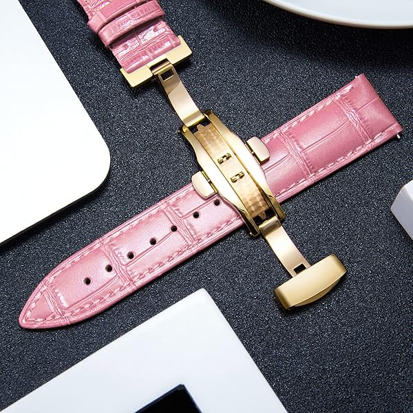BINLUN BINLUN Leather Watch Strap Quick Release with Gold Buckle 19mm Stylish Band for Men and Women in Pink - View 6 of 8