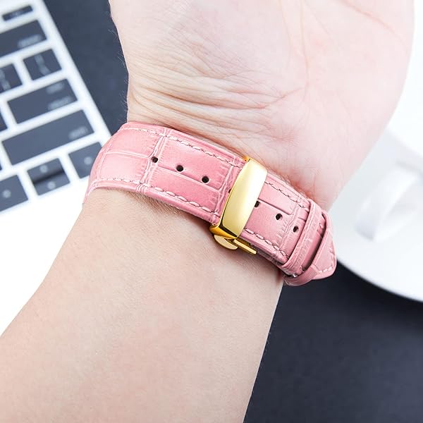 BINLUN BINLUN Leather Watch Strap Quick Release with Gold Buckle 19mm Stylish Band for Men and Women in Pink - View 7 of 8