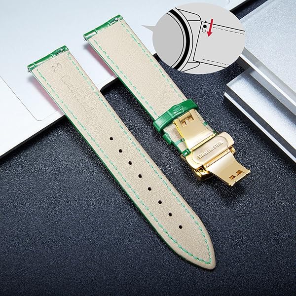 BINLUN BINLUN Leather Watch Strap Quick Release with Gold Buckle 19mm for Men and Women in Green Color - View 4 of 7